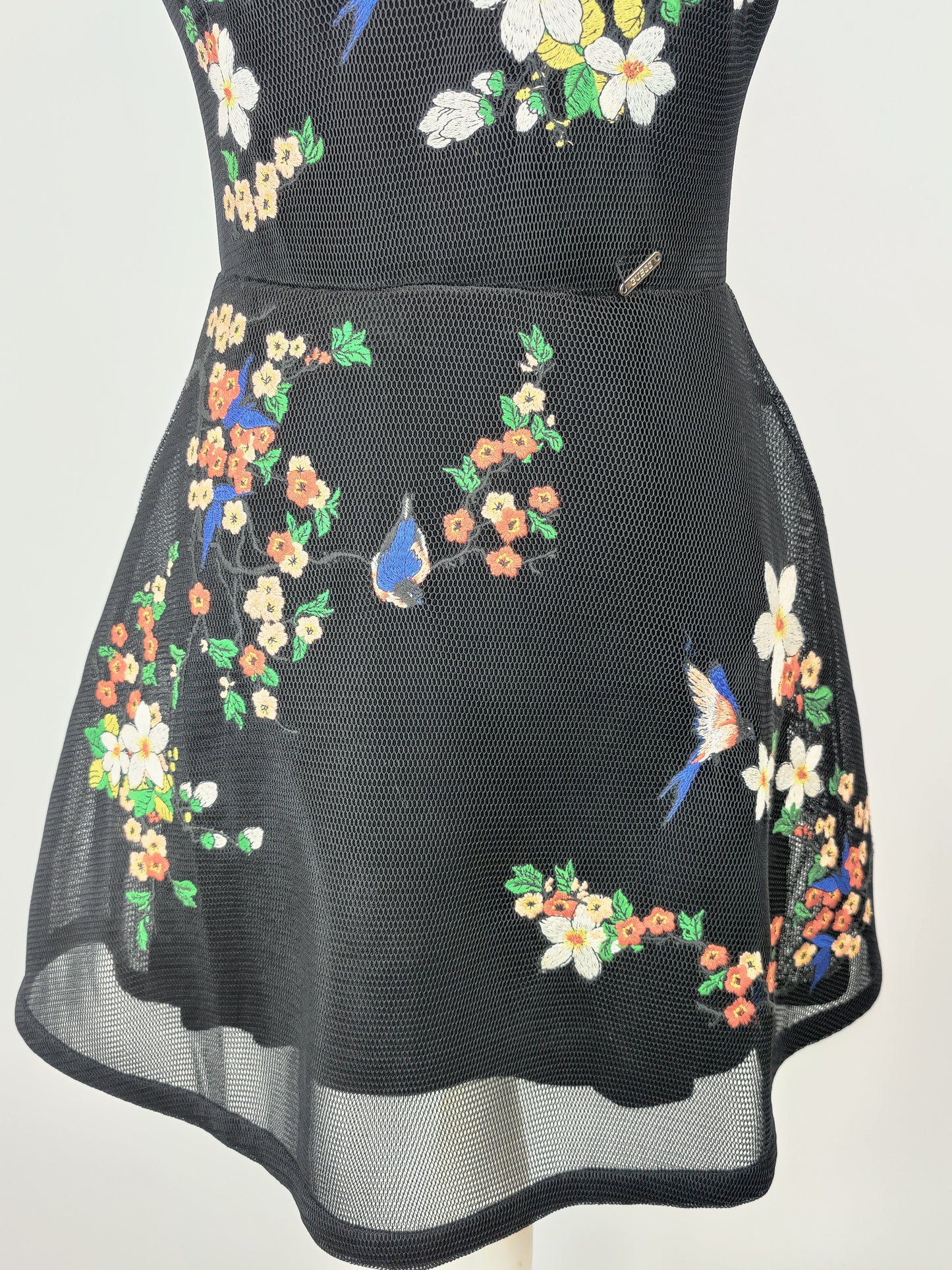 Guess Mesh Black Fit and Flare Floral Embroided Dress - XS