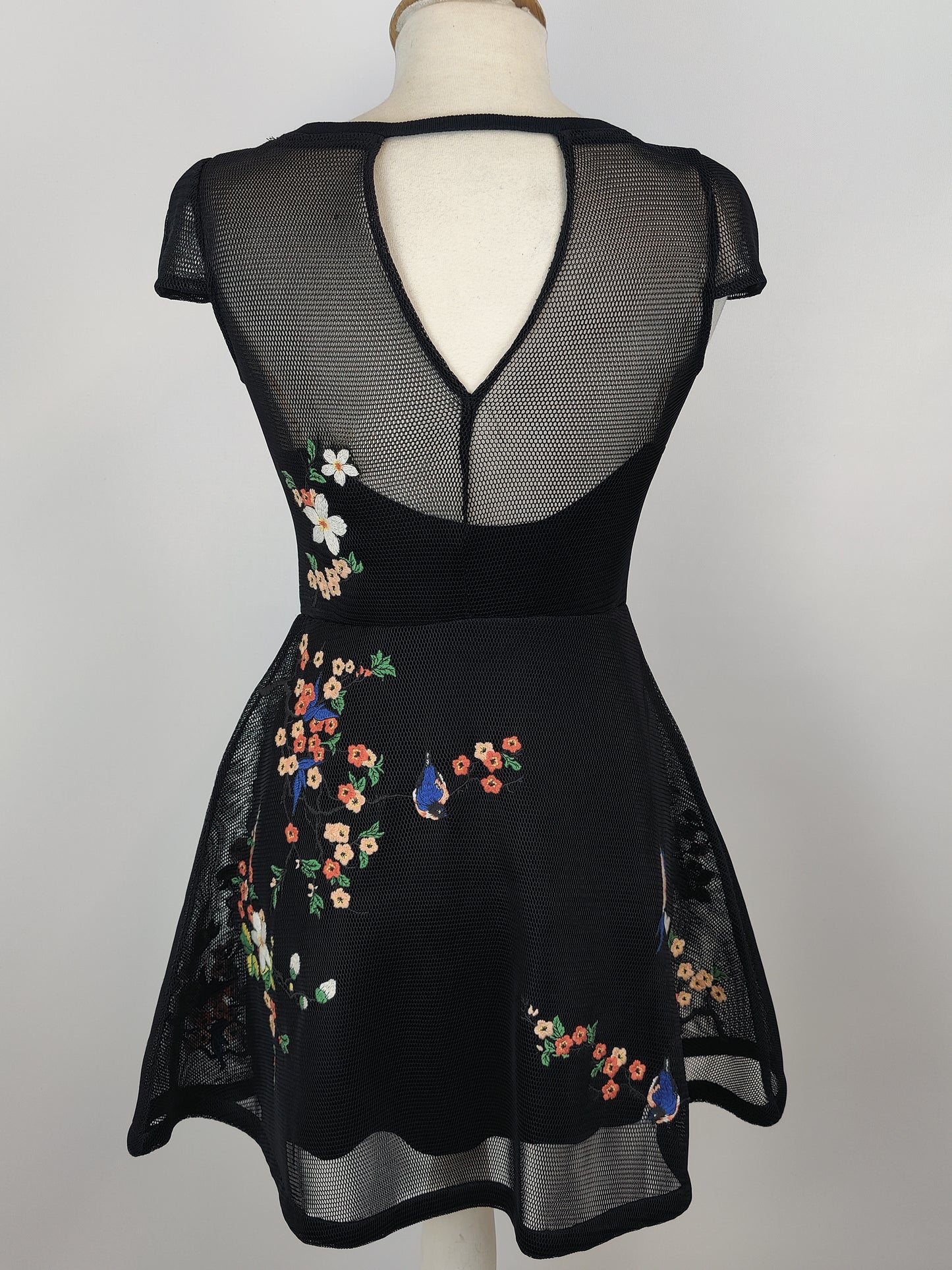 Guess Mesh Black Fit and Flare Floral Embroided Dress - XS