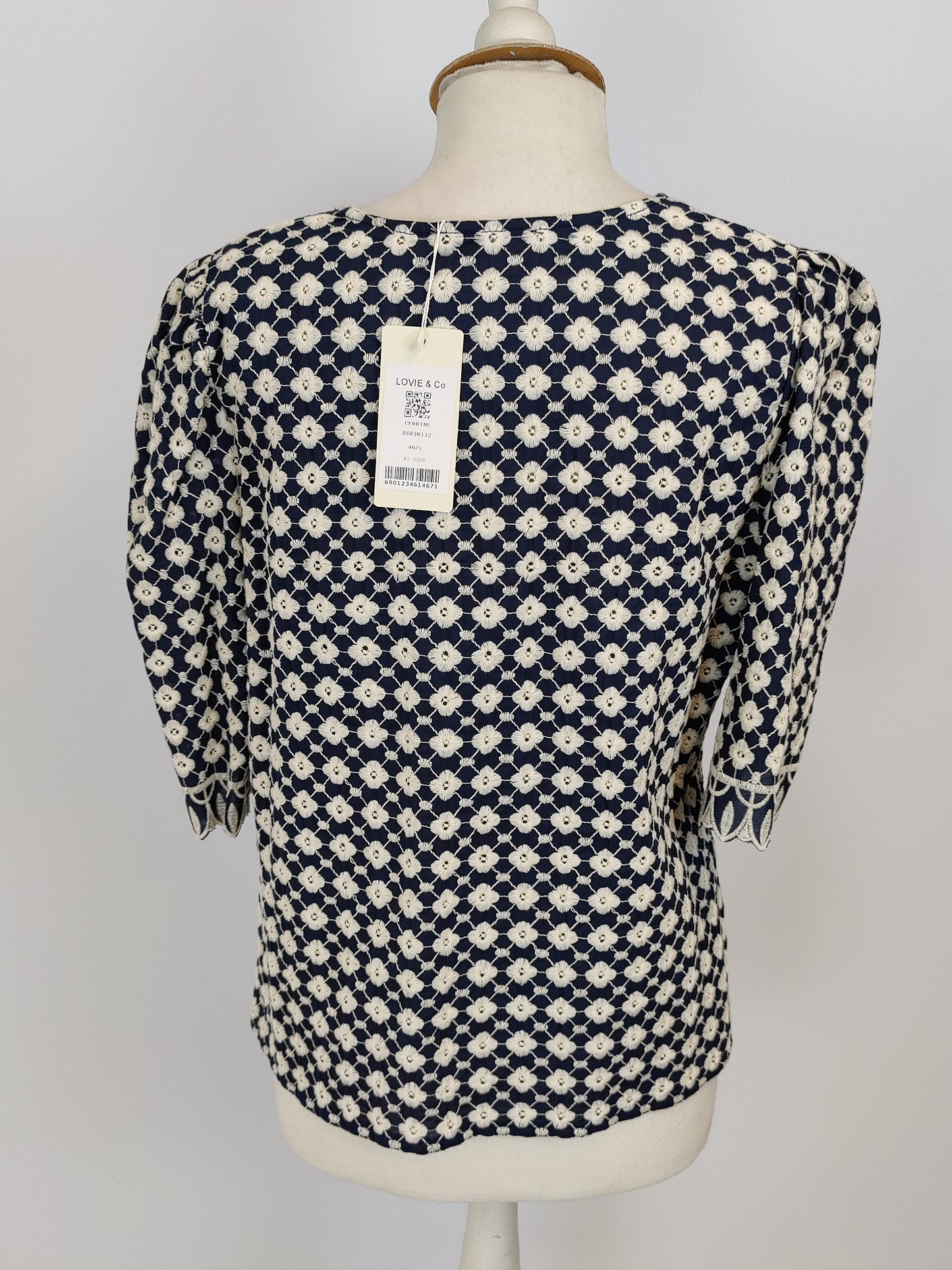 Lovie & Co Navy and White Embroidered Top