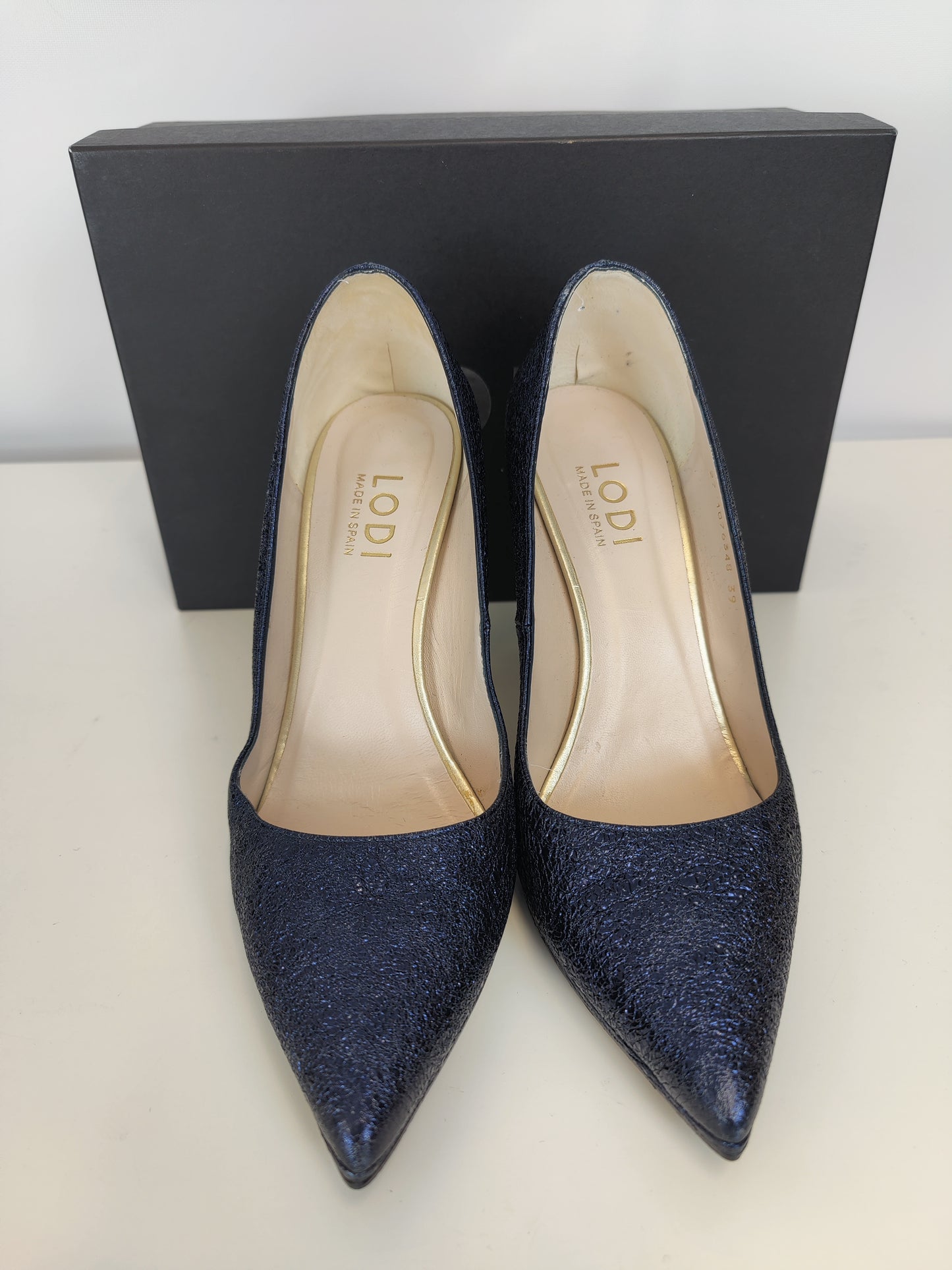 Lodi Leather Navy Metallic Heels