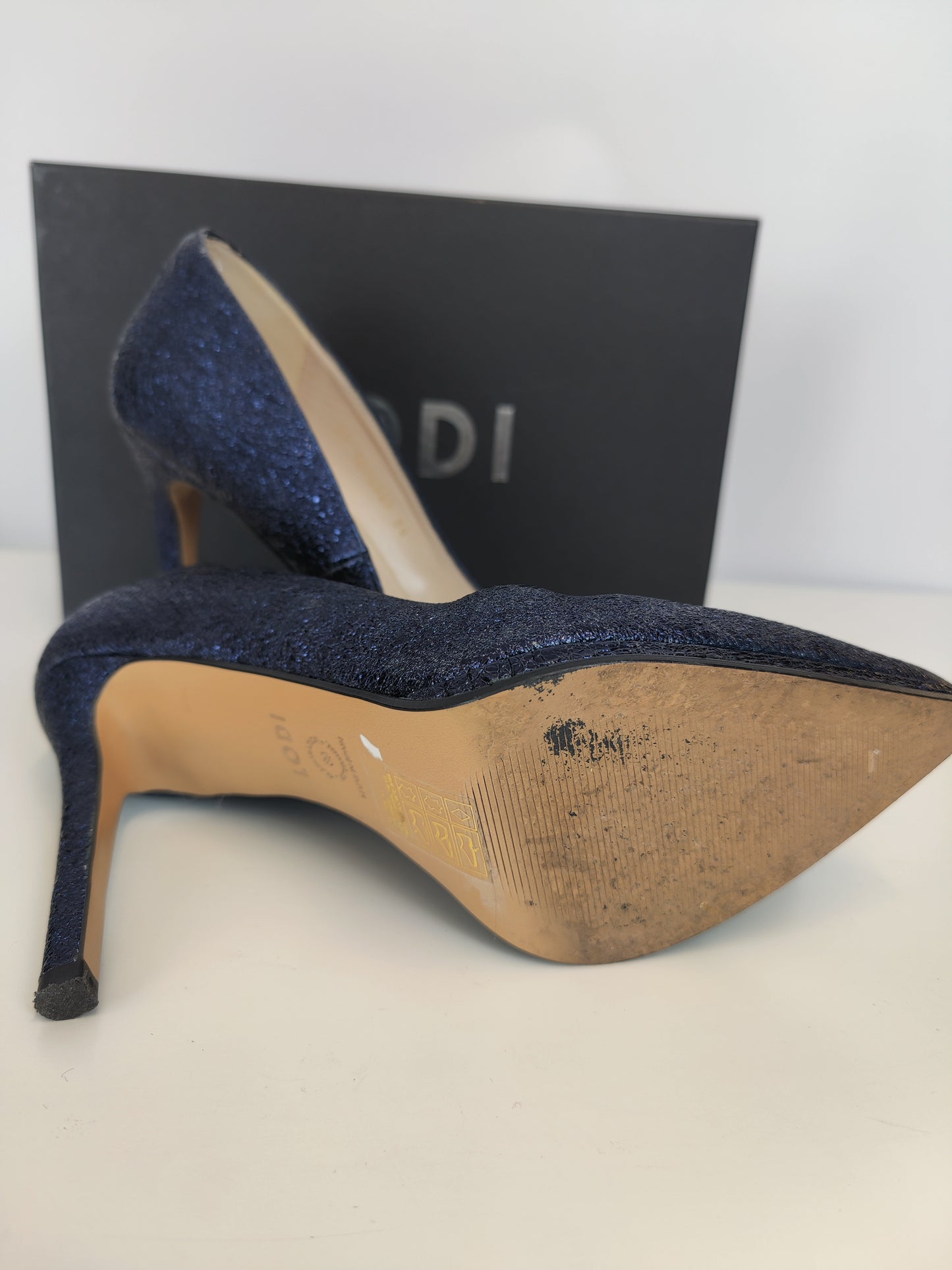 Lodi Leather Navy Metallic Heels