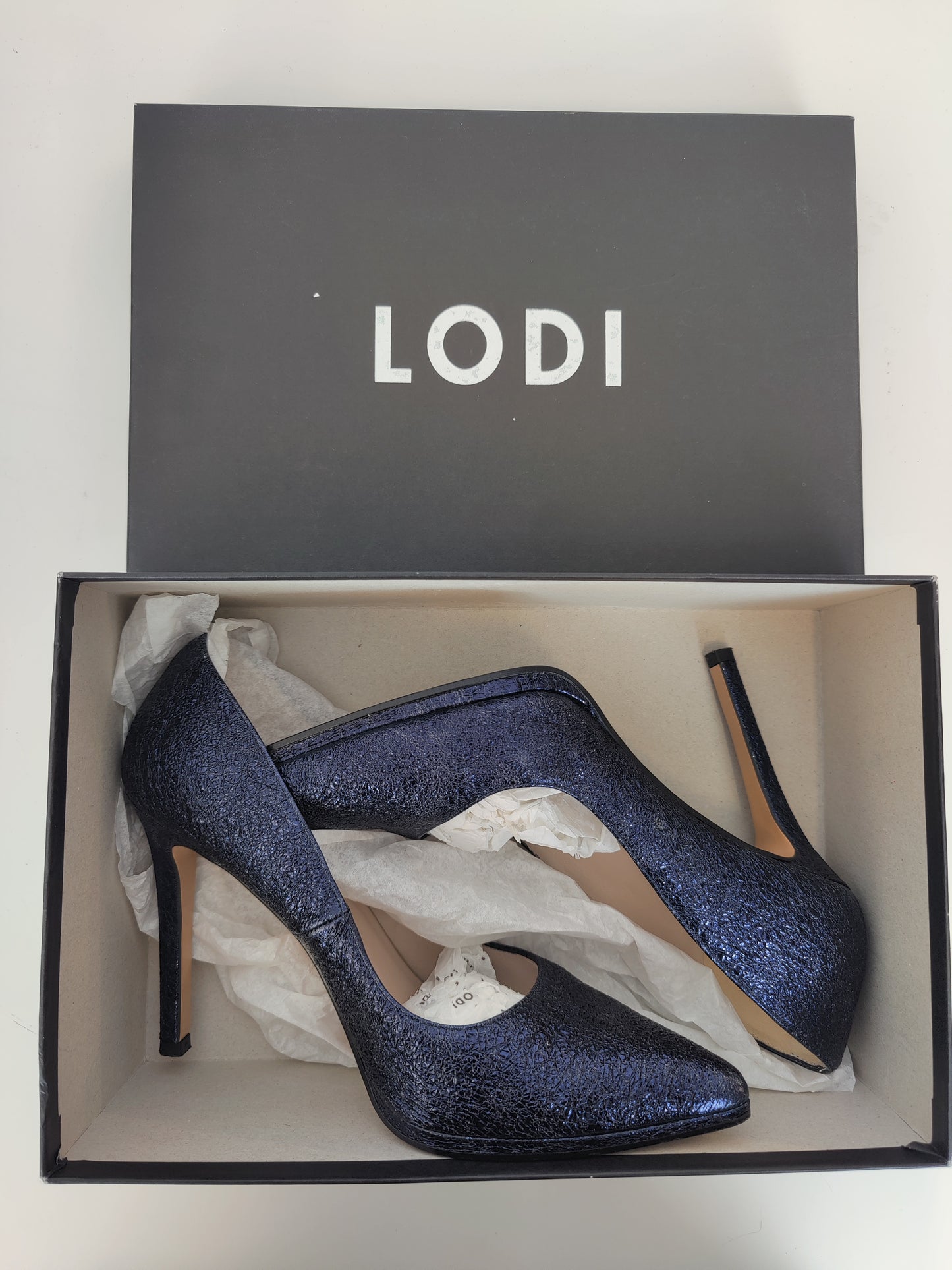 Lodi Leather Navy Metallic Heels