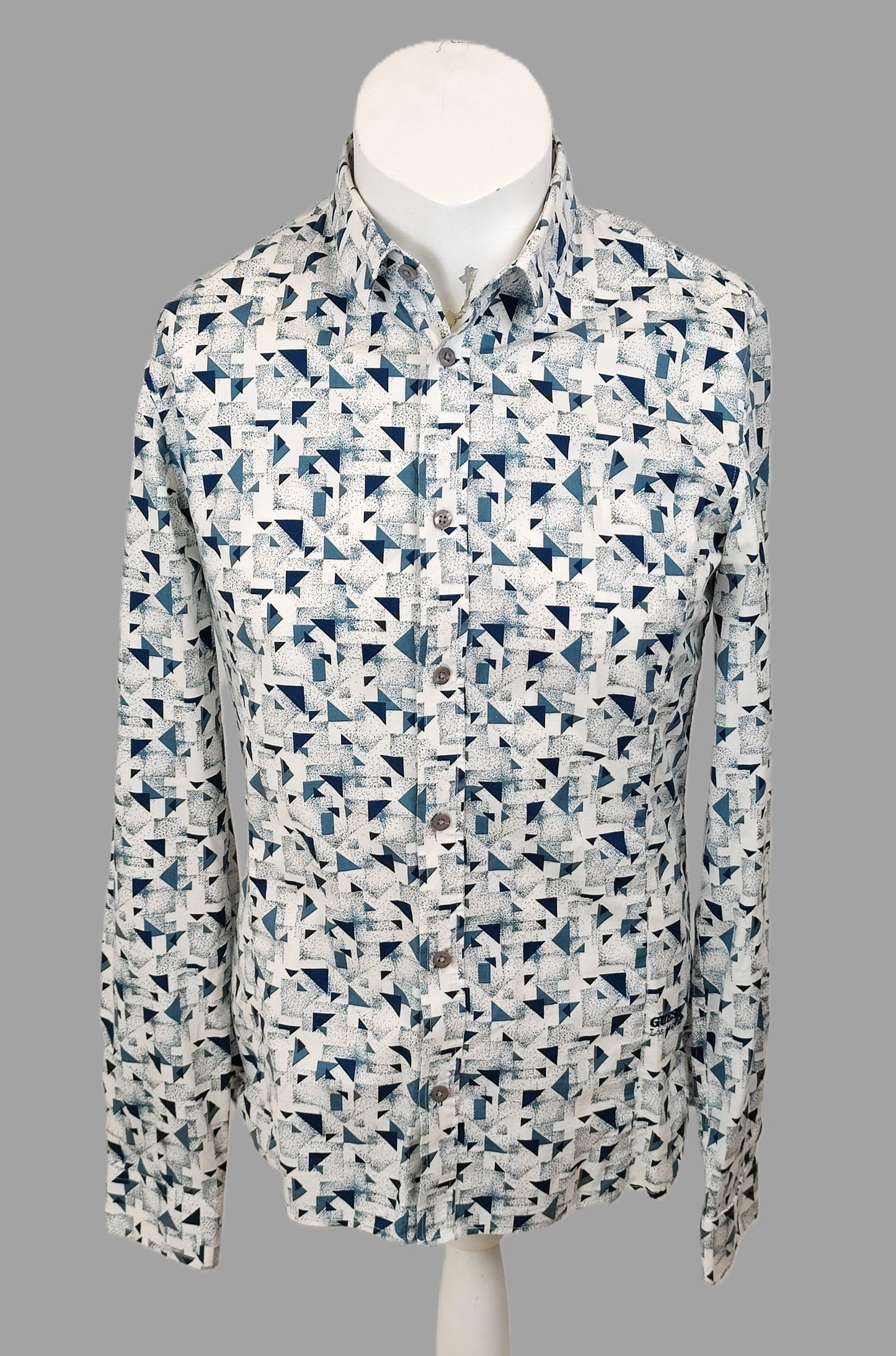 Guess Men's Button-Down Shirt-White with Blue Geometric Pattern