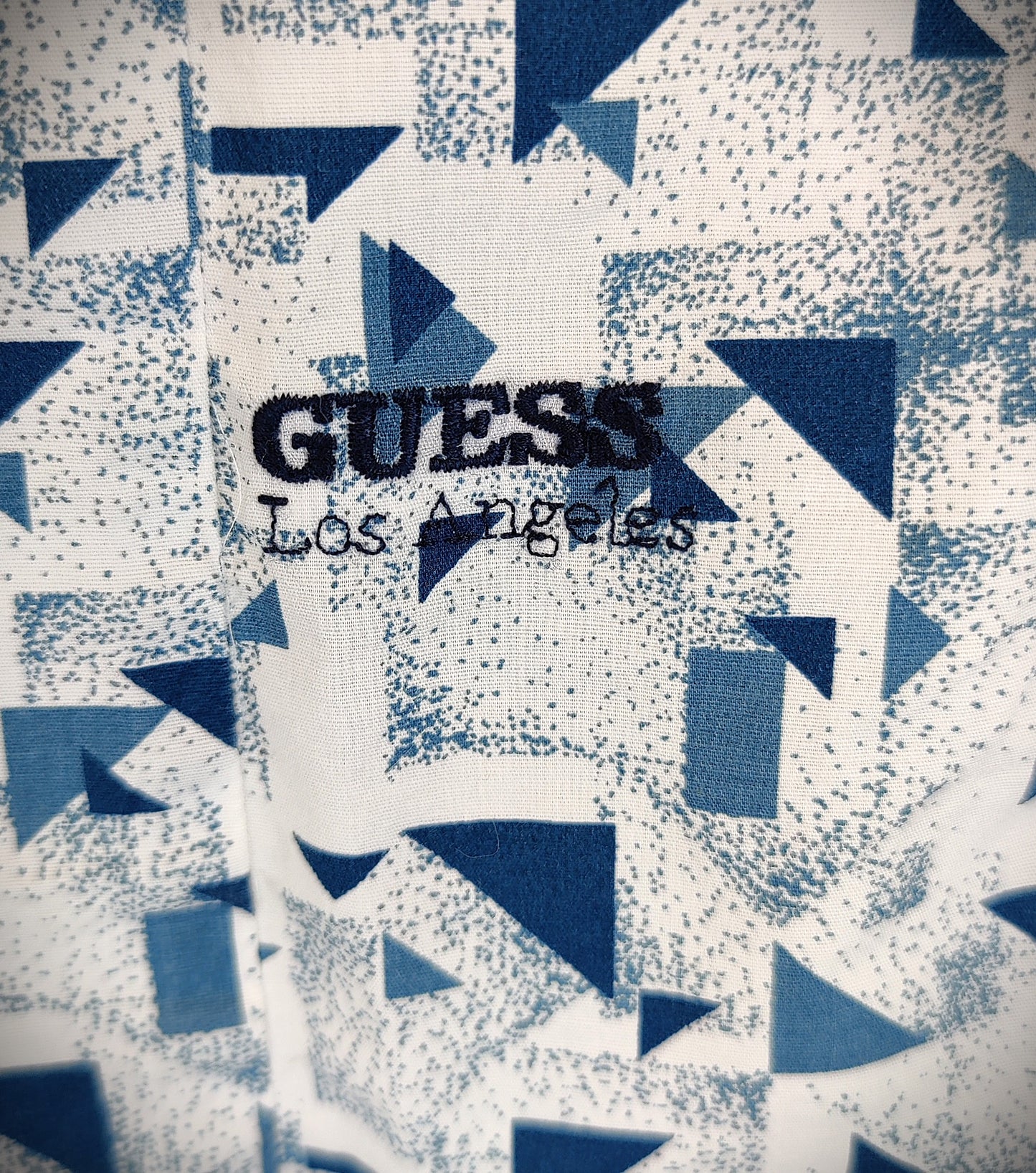 Guess Men's Button-Down Shirt-White with Blue Geometric Pattern