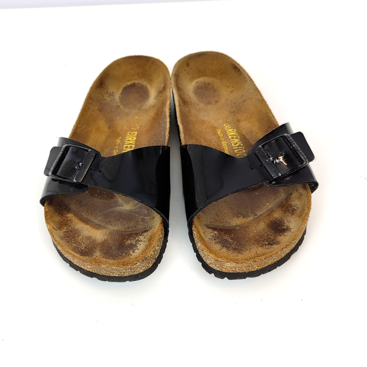 Birkenstock "Madrid" Patent Leather Mules-Black/Tan