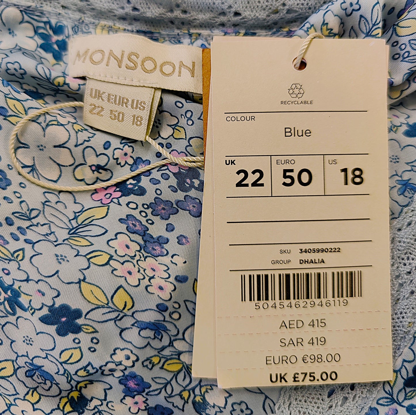 Monsoon Floral Pattern Dress- Blue