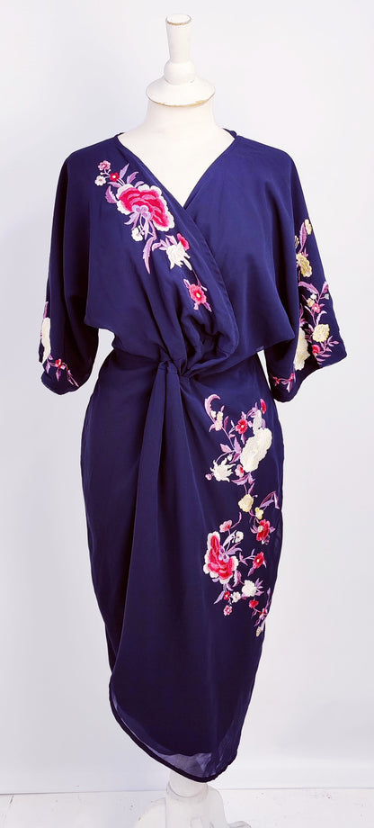 Hope & Ivy Wrap Style Dress with Embroidered Flower Pattern-Navy