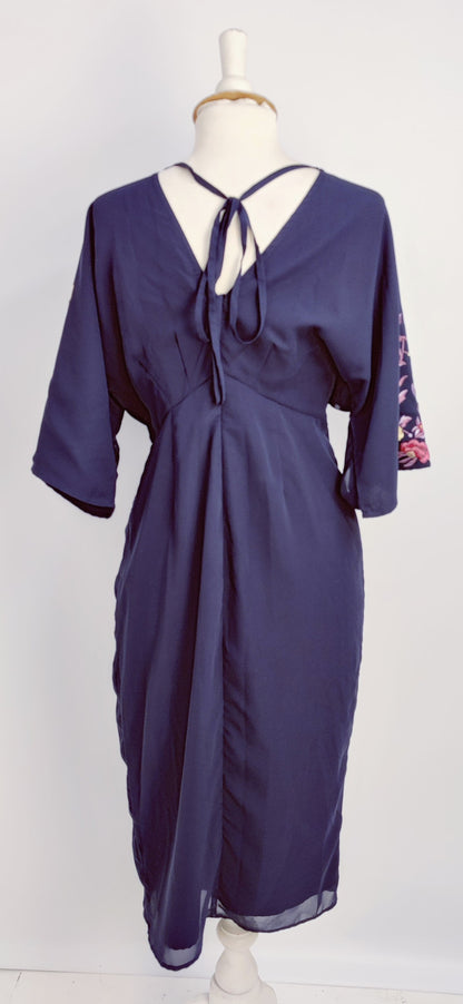Hope & Ivy Wrap Style Dress with Embroidered Flower Pattern-Navy