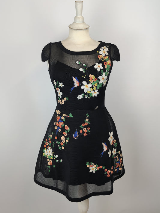Guess Mesh Black Fit and Flare Floral Embroided Dress - XS