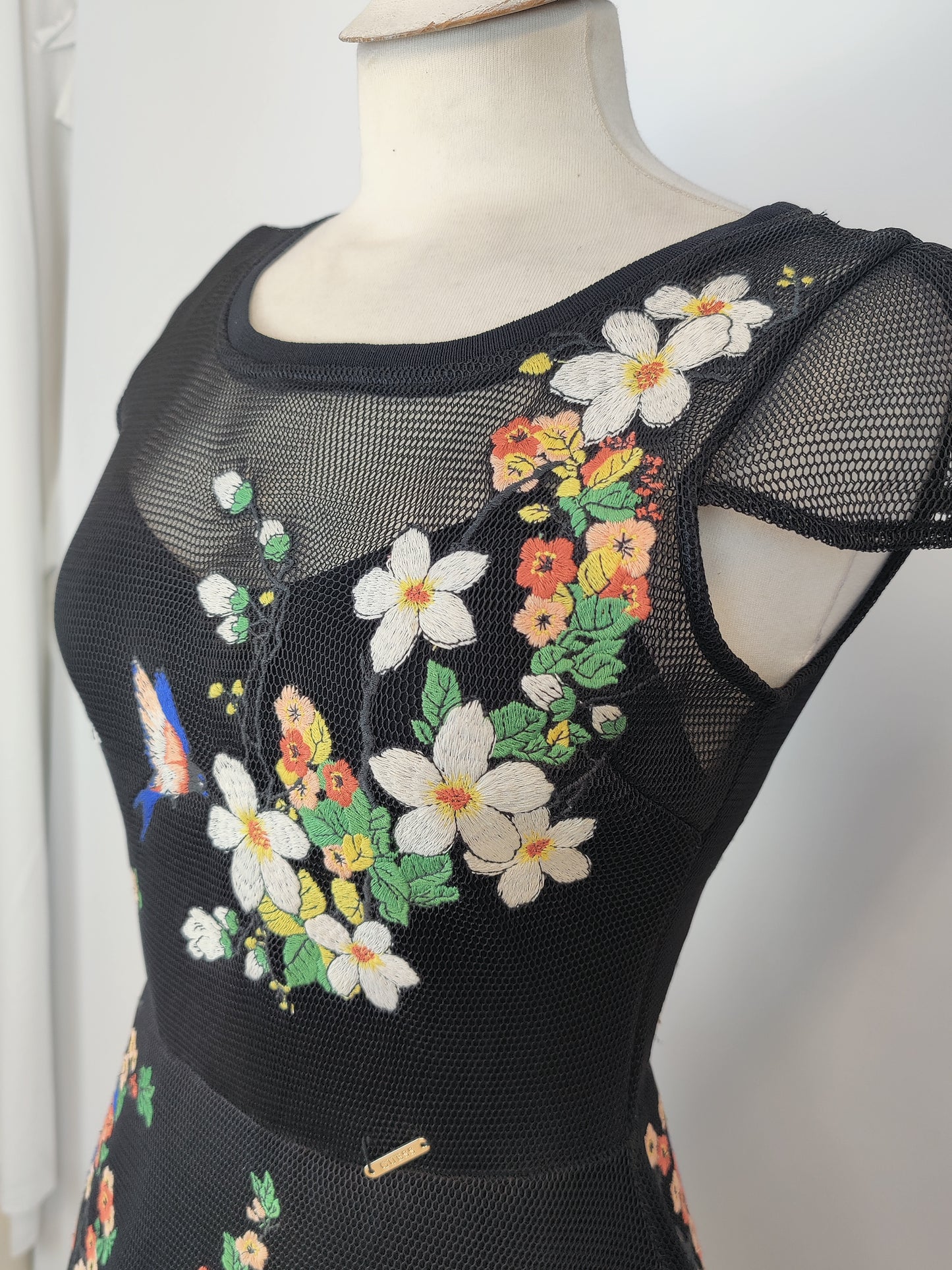 Guess Mesh Black Fit and Flare Floral Embroided Dress - XS