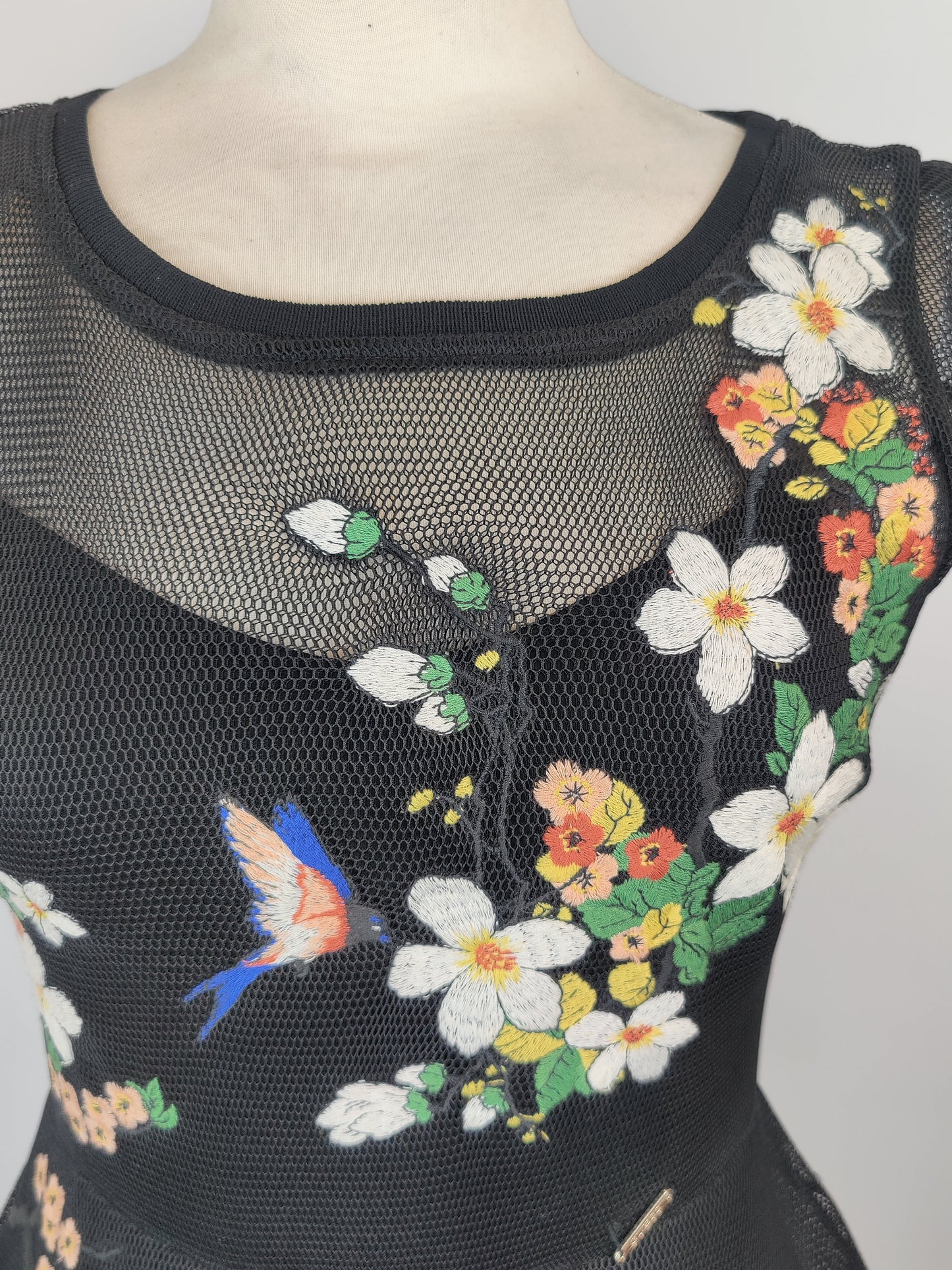 Guess Mesh Black Fit and Flare Floral Embroided Dress - XS