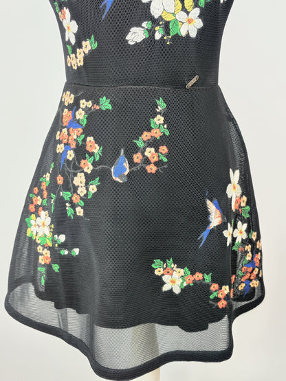 Guess Mesh Black Fit and Flare Floral Embroided Dress - XS