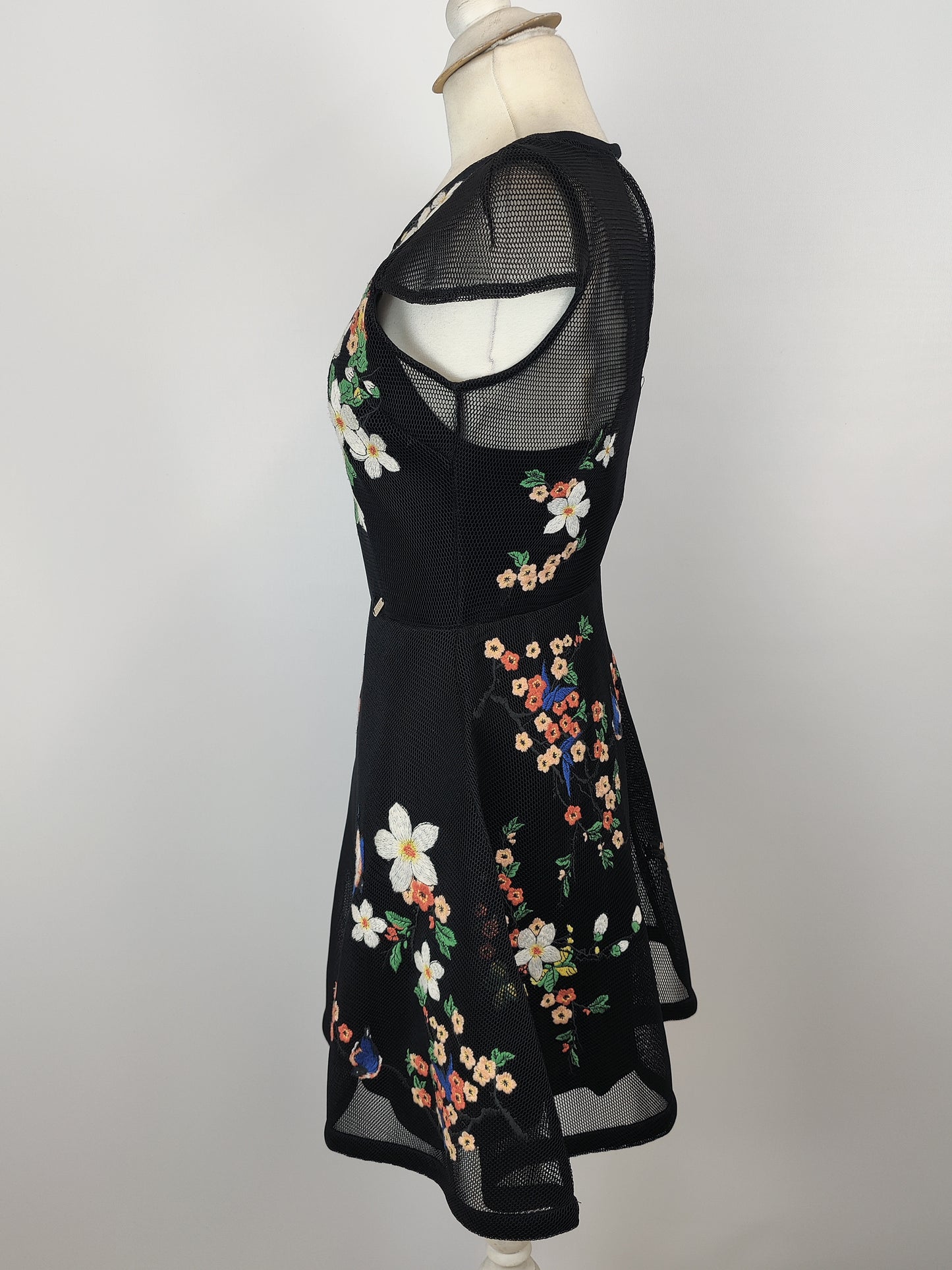 Guess Mesh Black Fit and Flare Floral Embroided Dress - XS