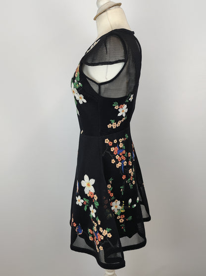 Guess Mesh Black Fit and Flare Floral Embroided Dress - XS