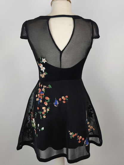 Guess Mesh Black Fit and Flare Floral Embroided Dress - XS