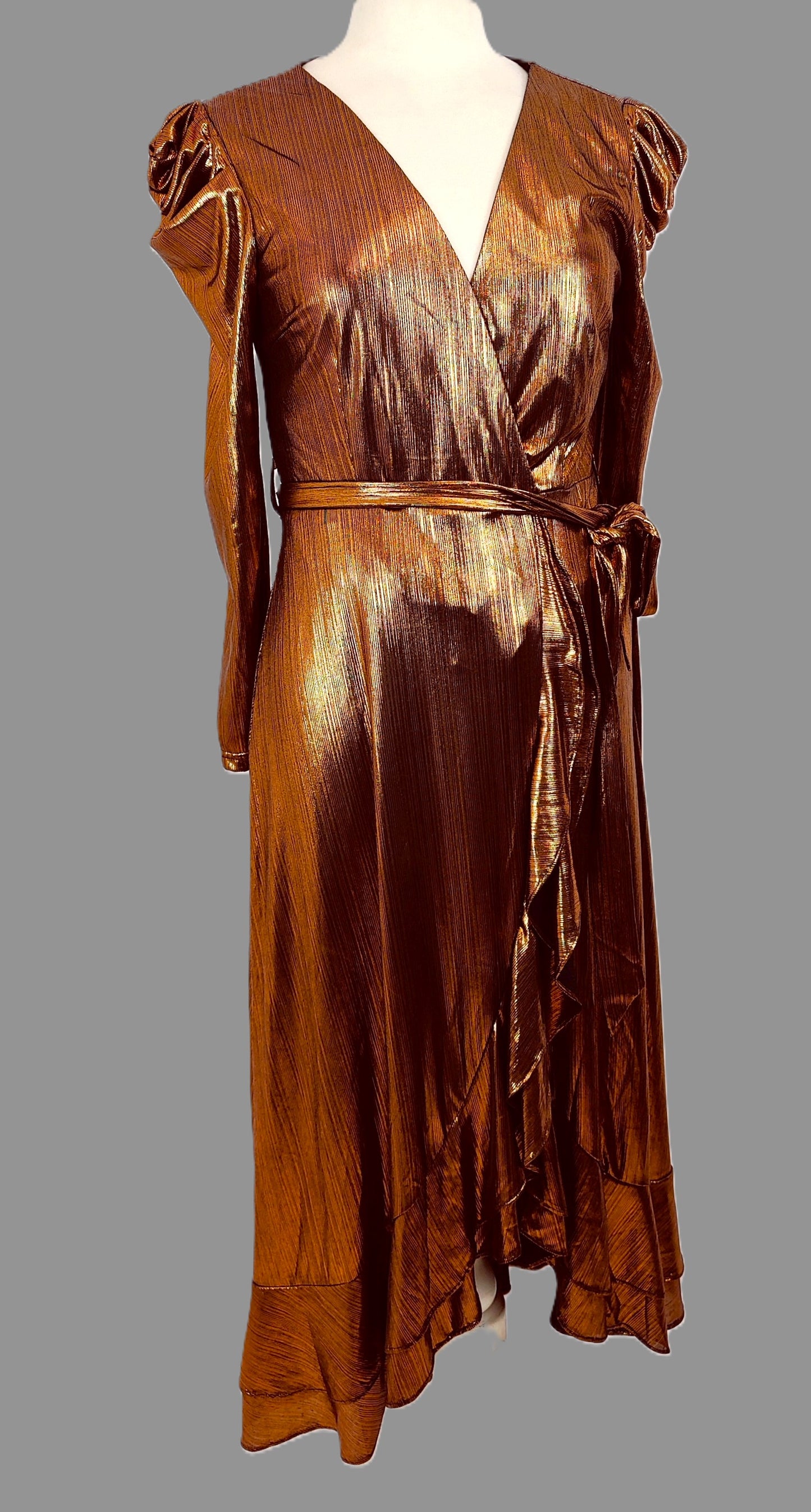 Karen Millen Lamé Ruffle Evening Party Maxi Dress- Rose Gold