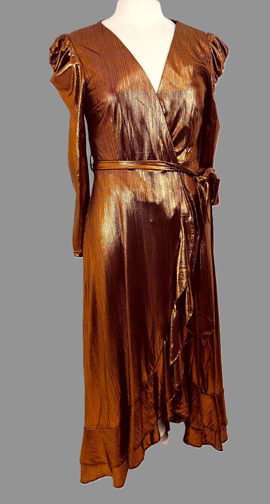 Karen Millen Lamé Ruffle Evening Party Maxi Dress- Rose Gold