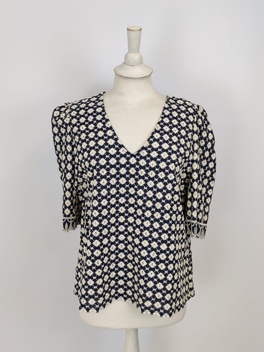 Lovie & Co Navy and White Embroidered Top