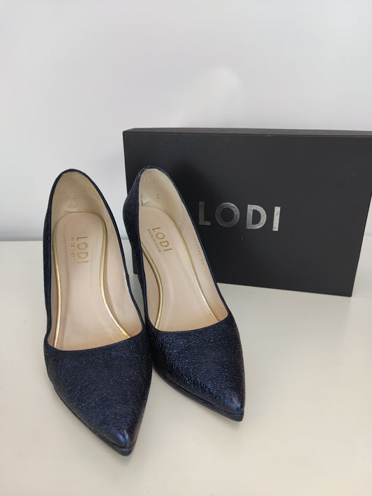 Lodi Leather Navy Metallic Heels