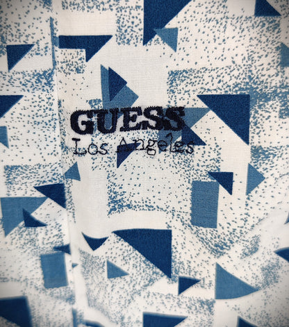 Guess Men's Button-Down Shirt-White with Blue Geometric Pattern