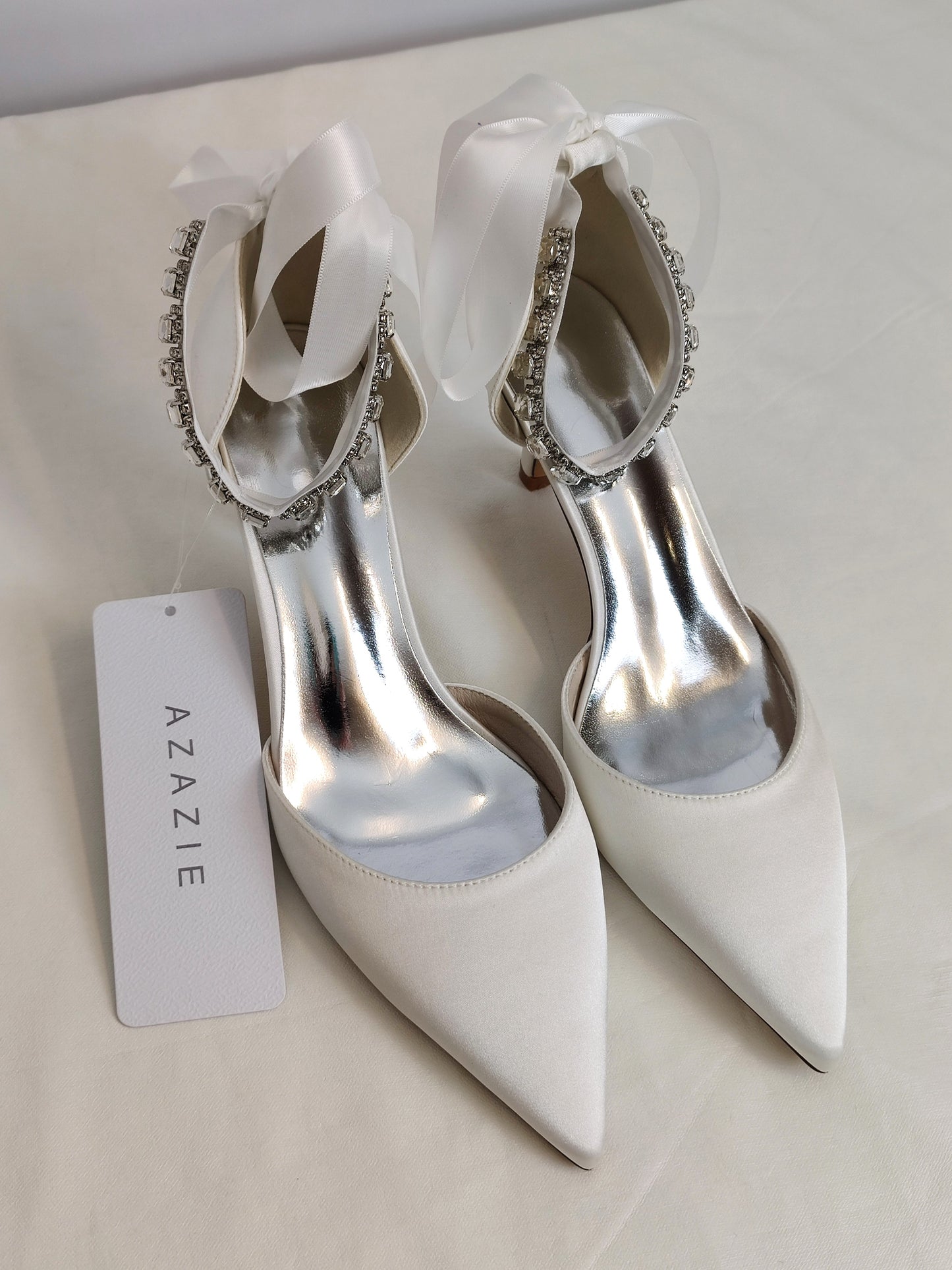 Azazie Crystal Satin Ribbon Pumps - Ivory