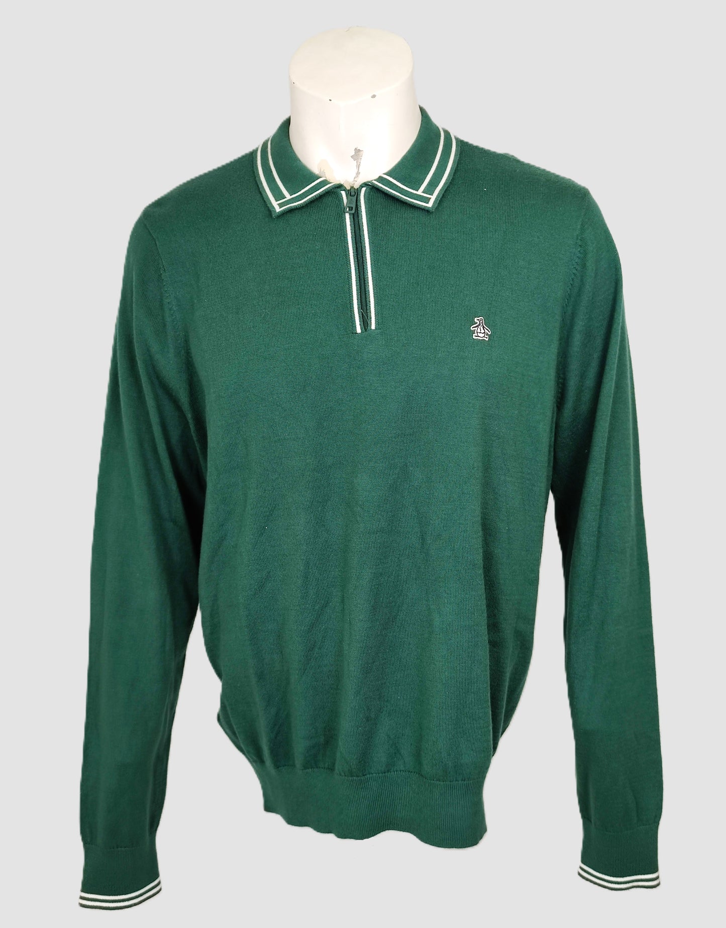 Original Penguin 1/4 Zip Long Sleeve Tipped  Polo Sweater-Green/White