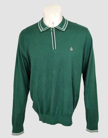 Original Penguin 1/4 Zip Long Sleeve Tipped  Polo Sweater-Green/White