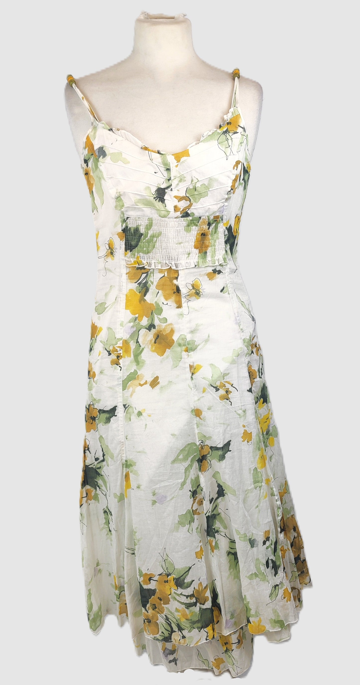 Apanage Femme Cotton Summer Dress-White, Green and Yellow Floral Print